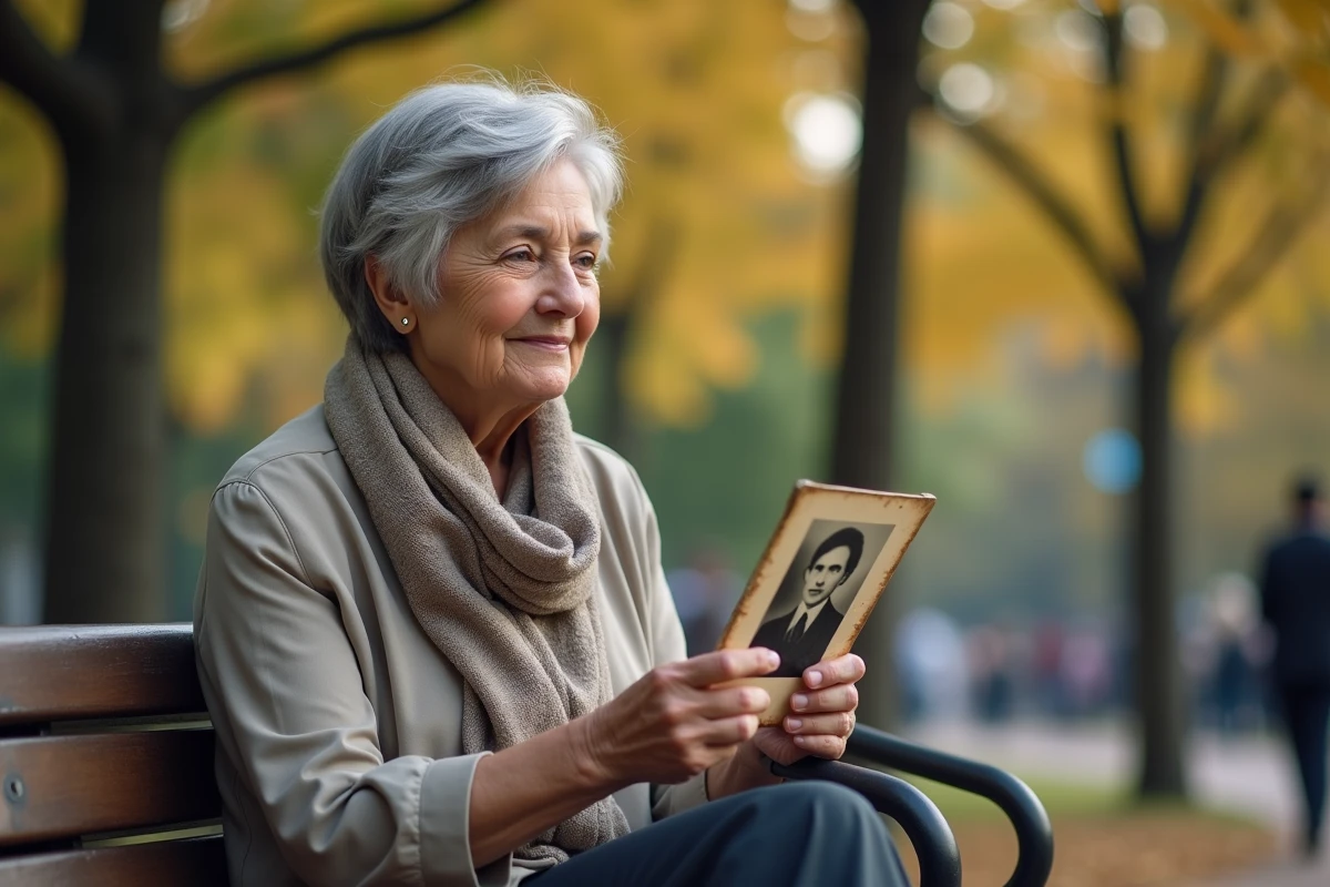 Femme âgée regardant une photo ancienne dans un parc urbain