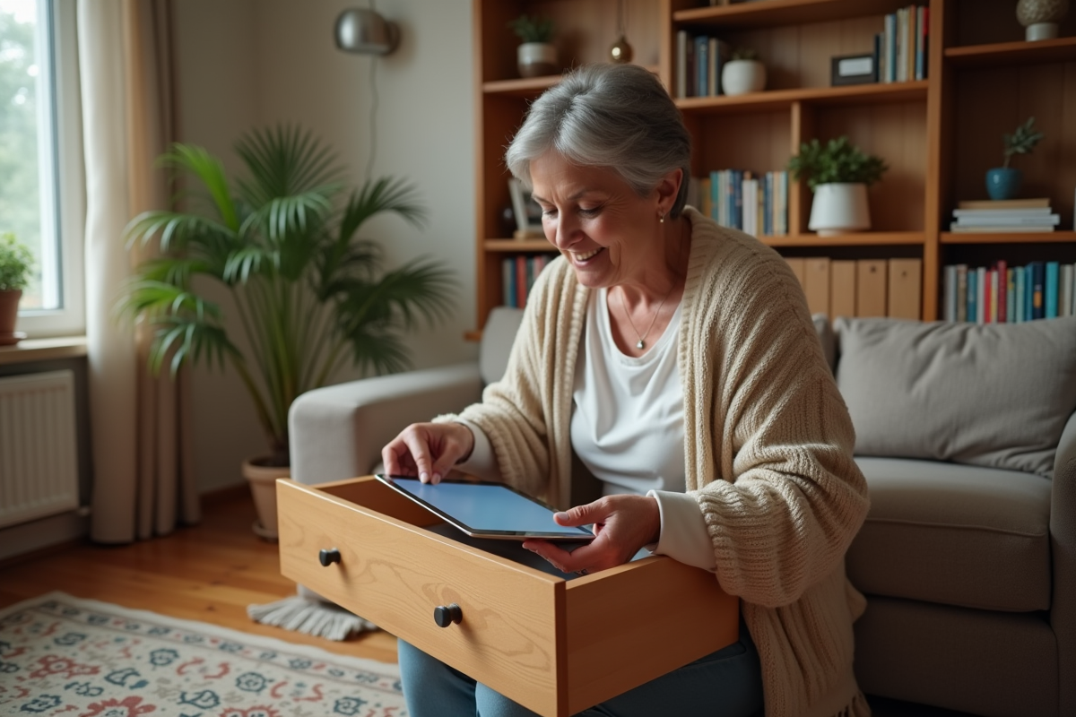 Femme rangeant une tablette dans un tiroir