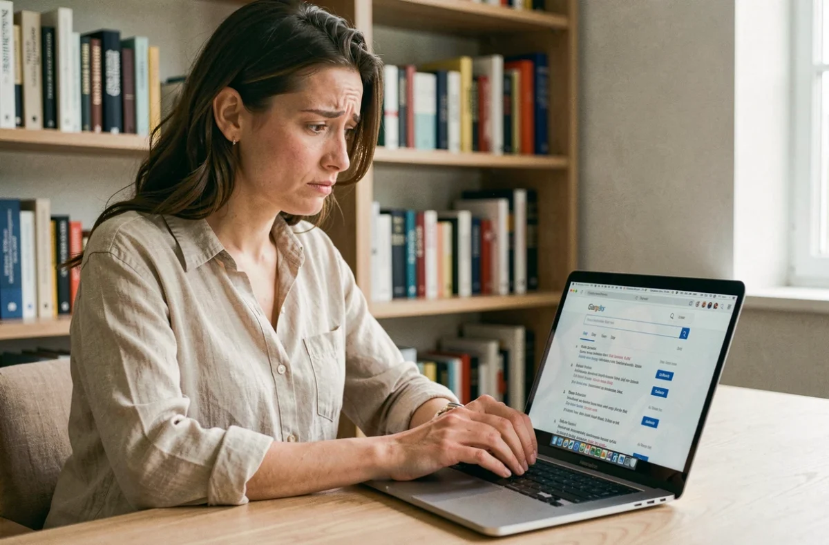 Femme scrutant des résultats de recherche Google sur un ordinateur portable, l'air perplexe face aux fake news
