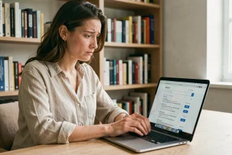 Femme scrutant des résultats de recherche Google sur un ordinateur portable, l'air perplexe face aux fake news