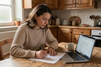 Femme rédigeant une lettre de préavis pour une assistante maternelle à la table de cuisine