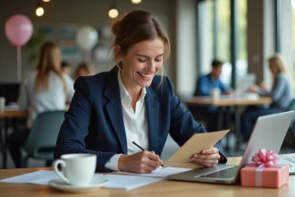 Femme professionnelle rédigeant un message d'anniversaire pour un collègue dans un bureau moderne