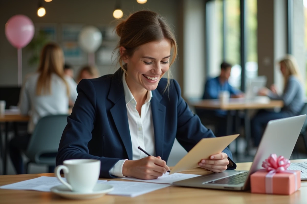 Femme professionnelle rédigeant un message d'anniversaire pour un collègue dans un bureau moderne