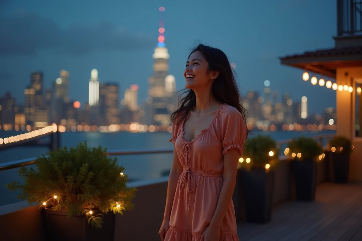 Jeune femme riant sur un rooftop avec vue sur la ville nocturne