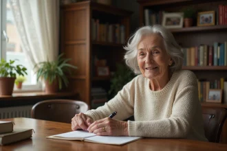 Femme senior souriante tenant un poème dans un salon chaleureux