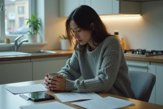 Femme seule à une table de cuisine tenant un mug, regard baissé, exprimant la tristesse après une infidélité