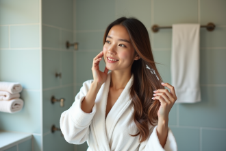 Jeune femme massant ses cheveux longs dans une salle de bain