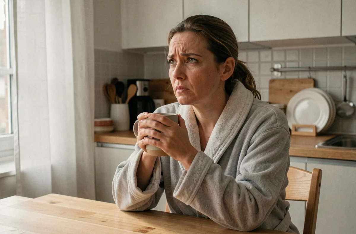 Femme songeuse le matin dans sa cuisine après un rêve troublant concernant son mari