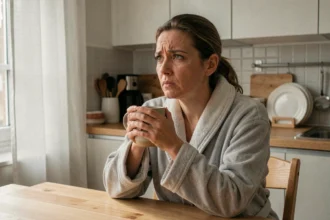 Femme songeuse le matin dans sa cuisine après un rêve troublant concernant son mari