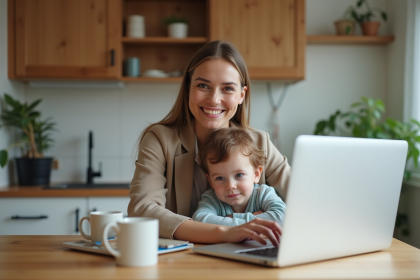 Femme souriante avec enfant dans cuisine lumineuse