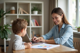 Femme au travail à la maison avec un enfant et un dessin