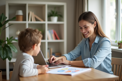 Femme au travail à la maison avec un enfant et un dessin