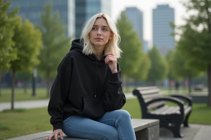 Femme en hoodie noir assise dans un parc urbain contemplatif