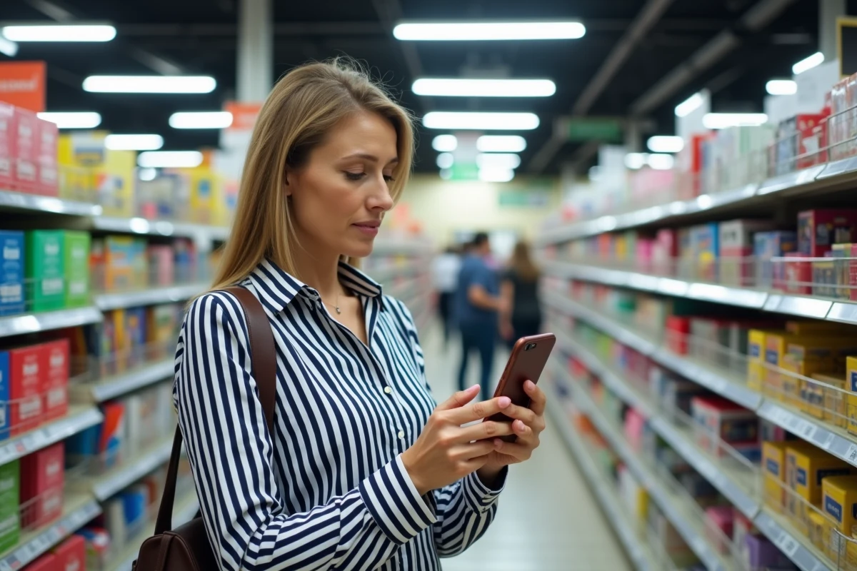 Femme en supermarché vérifiant une liste de fournitures scolaires sur son smartphone dans le rayon papeterie