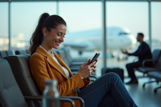 Femme détendue dans un lounge d'aéroport souriant en regardant son téléphone