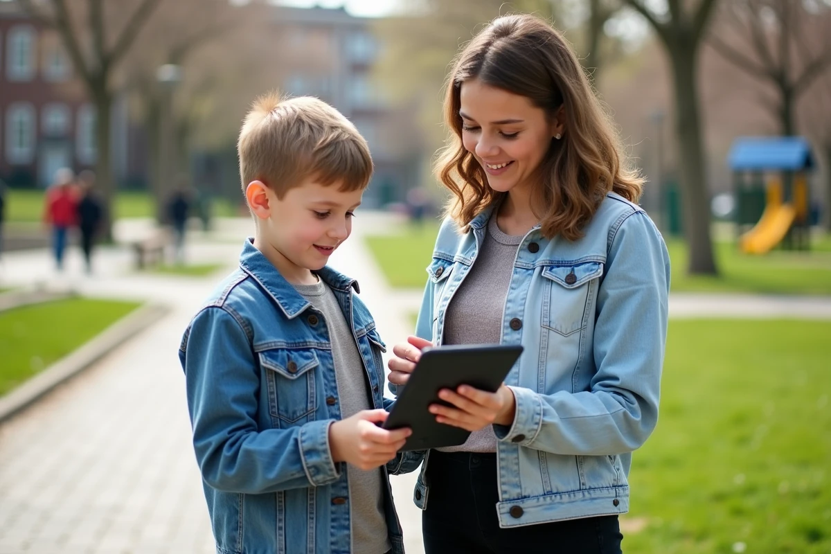 Fille montrant sa tablette à sa mère dans un parc urbain