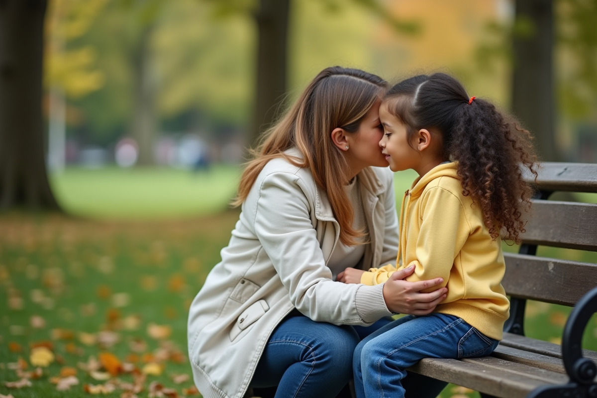 Fille de 8 ans avec sa mère dans un parc en automne