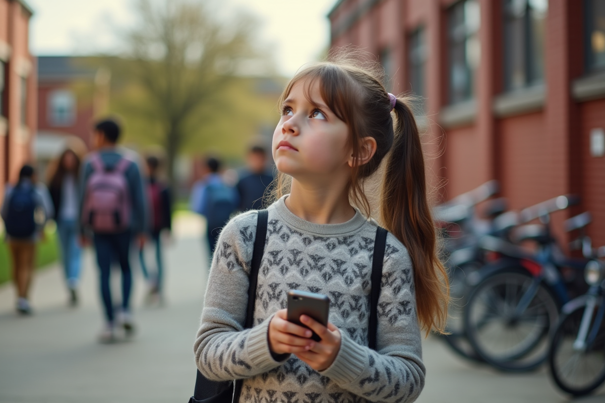 Fille de 10 ans dehors devant l école avec un smartphone