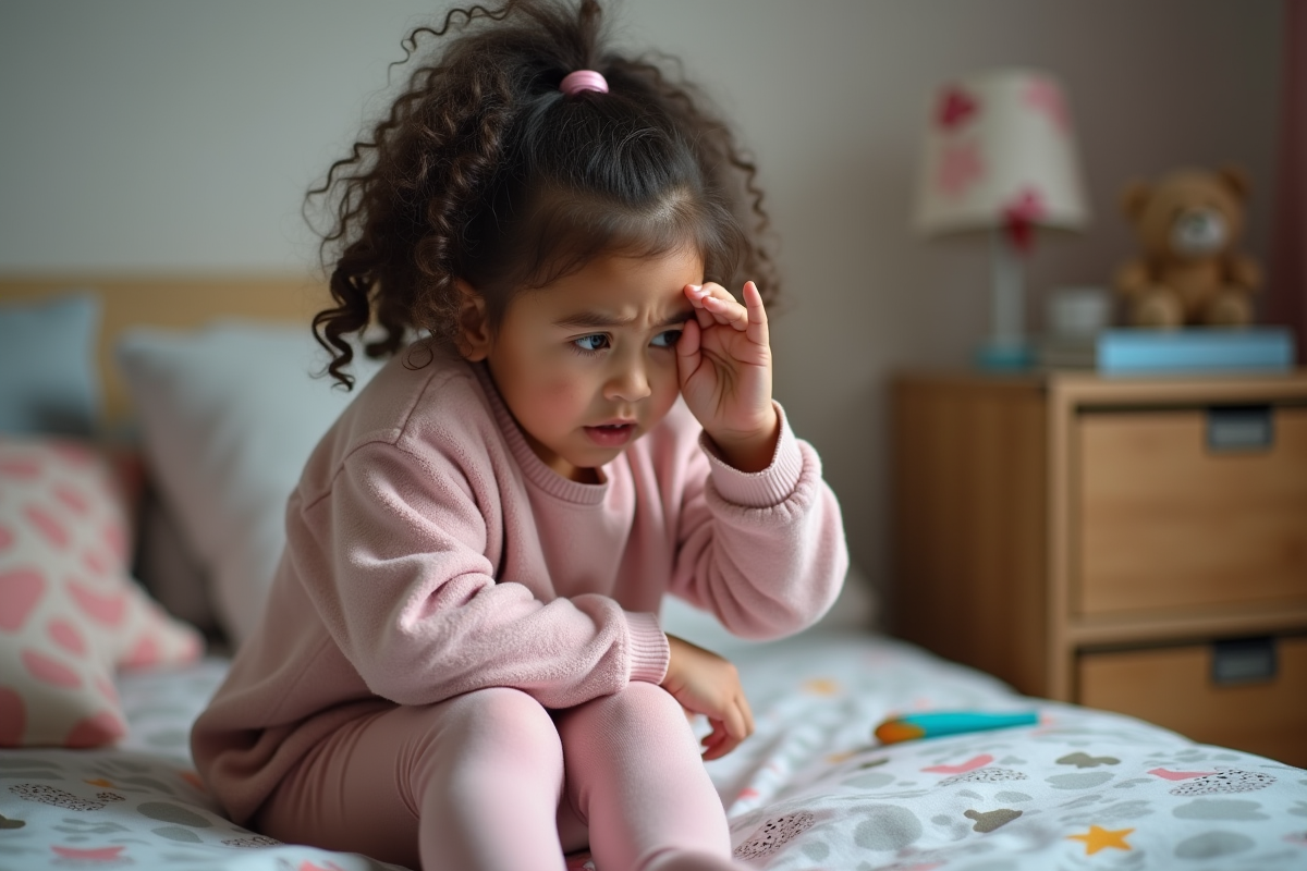 Fille de cinq ans tapant son front avec une expression frustrée
