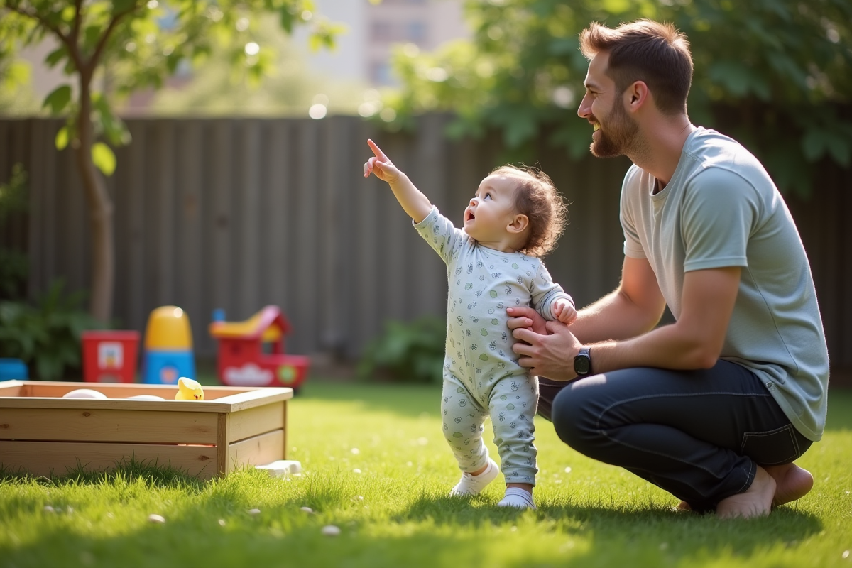 Fille de 17 mois pointant un oiseau dans le jardin