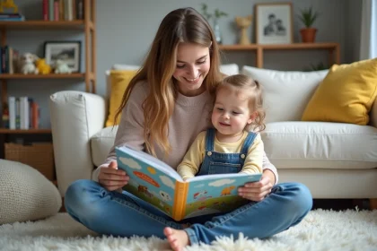 Jeune femme lisant un livre à une petite fille dans un salon chaleureux