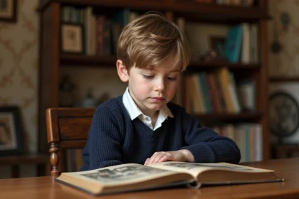 Jeune garçon regardant un album familial sur une table en bois