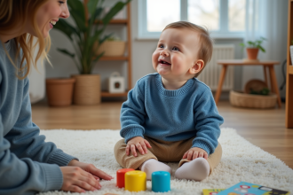 Garçon de 17 mois en intérieur avec mère souriante