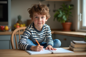 Garçon de 7 ans coloriant dans un cahier à la maison