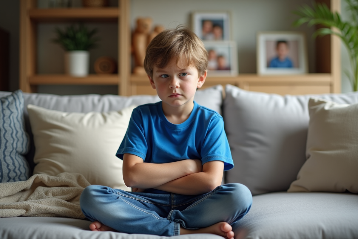 Garçon de 6 ans assis sur un canapé en famille