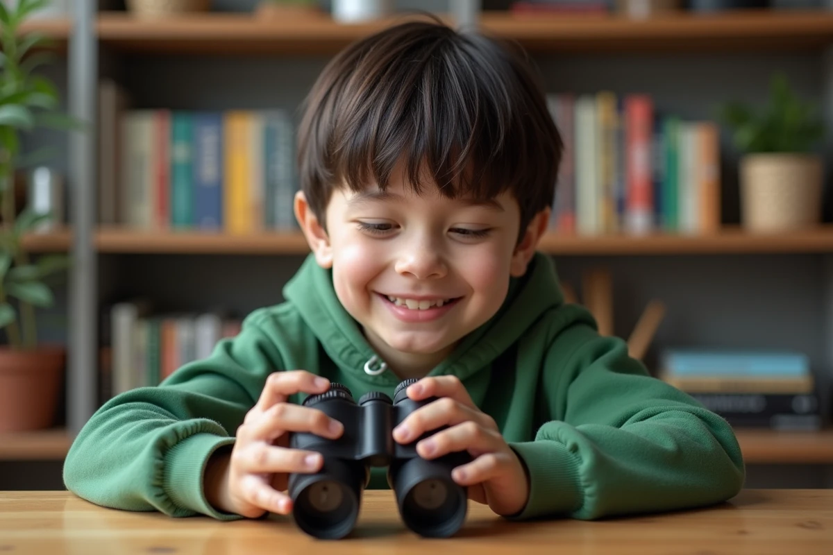 Garçon de 11 ans examinant des jumelles à la maison