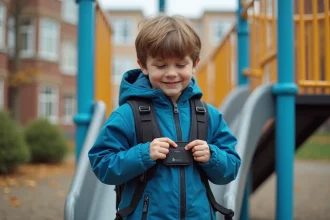 Jeune garçon attachant un GPS à son sac à dos dans la cour