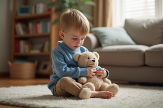 Garçon de 5 ans avec ours en peluche dans un salon