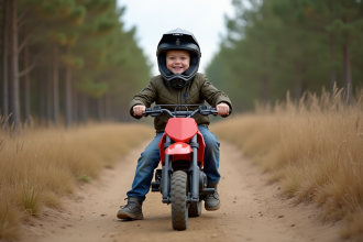Garçon de 6 ans souriant sur une moto tout-terrain en pleine nature