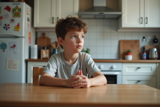 Garçon de 10 ans pensif dans une cuisine moderne