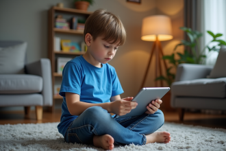 Garçon de 7 ans regardant une tablette dans un salon cosy
