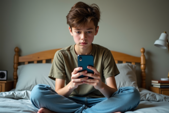 Adolescent assis sur son lit avec son smartphone