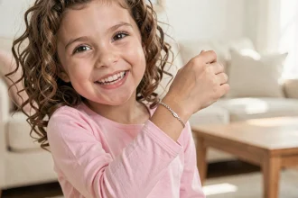 Jeune fille portant une gourmette enfant en argent au poignet dans un intérieur cosy