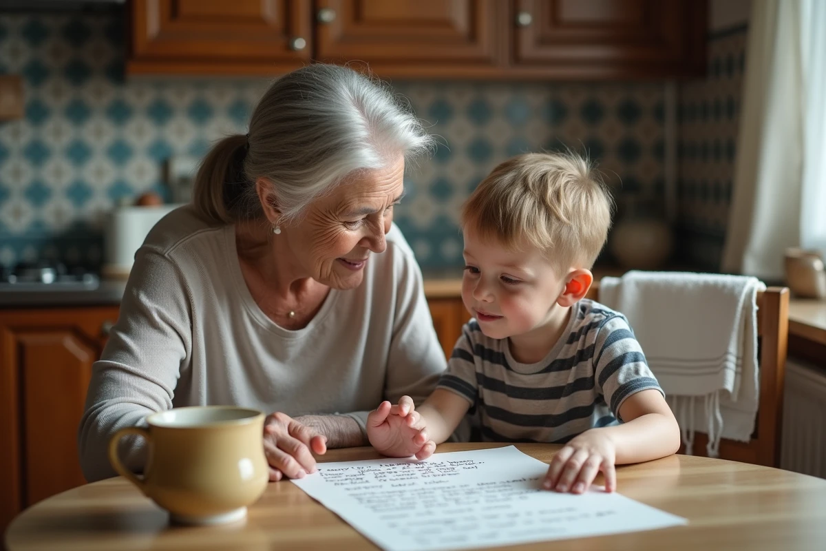 Grand-mère et petit-fils assis ensemble à une table de cuisine, regardant les paroles manuscrites d'une comptine, dans une ambiance familiale chaleureuse et authentique