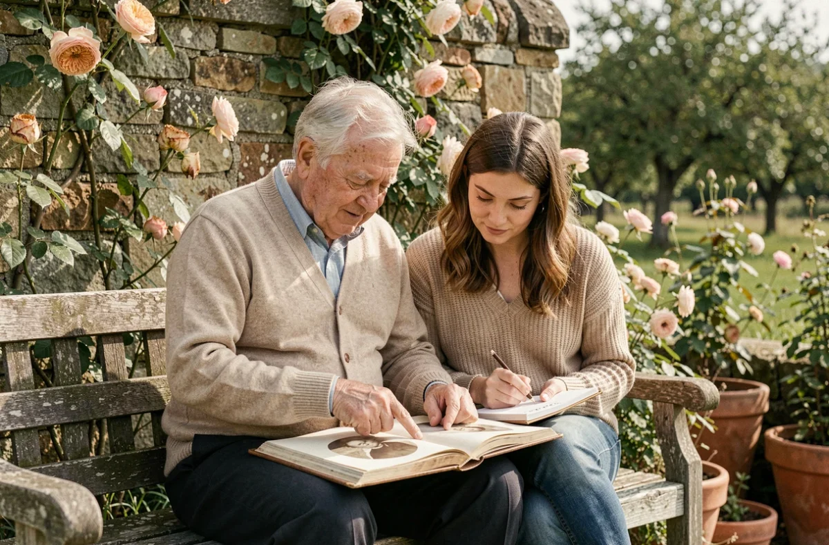 Grand-père et sa fille adulte enceinte partageant un album de famille dans un jardin de campagne française pour choisir un prénom ancien