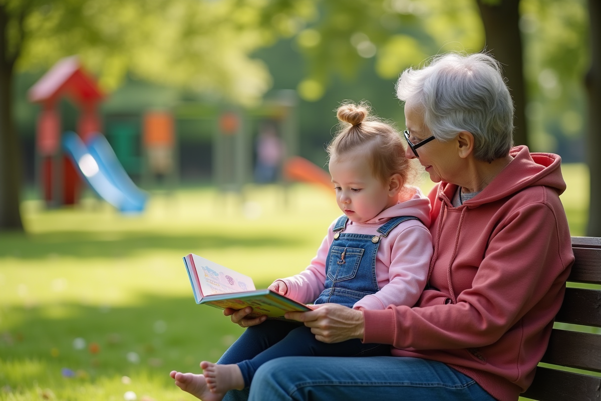 Grand-mere lisant un livre à une petite fille dans un parc