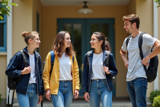 Groupe d'élèves devant l'entrée de l'école avec un professeur