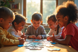 Groupe d'enfants et adultes résolvant un puzzle ensemble