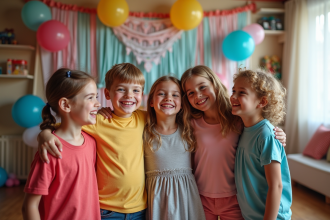 Enfants souriants lors d'une fête dans un salon décoré