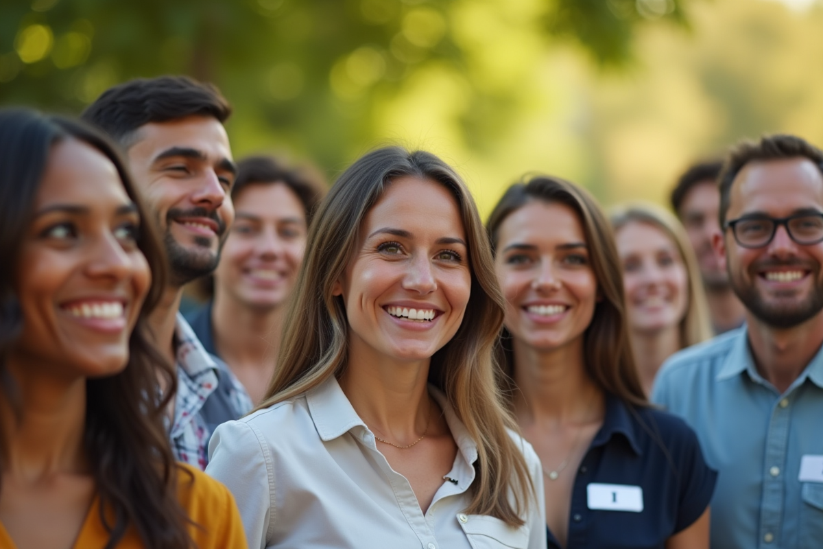 Groupe de personnes souriantes portant des badges avec I en extérieur
