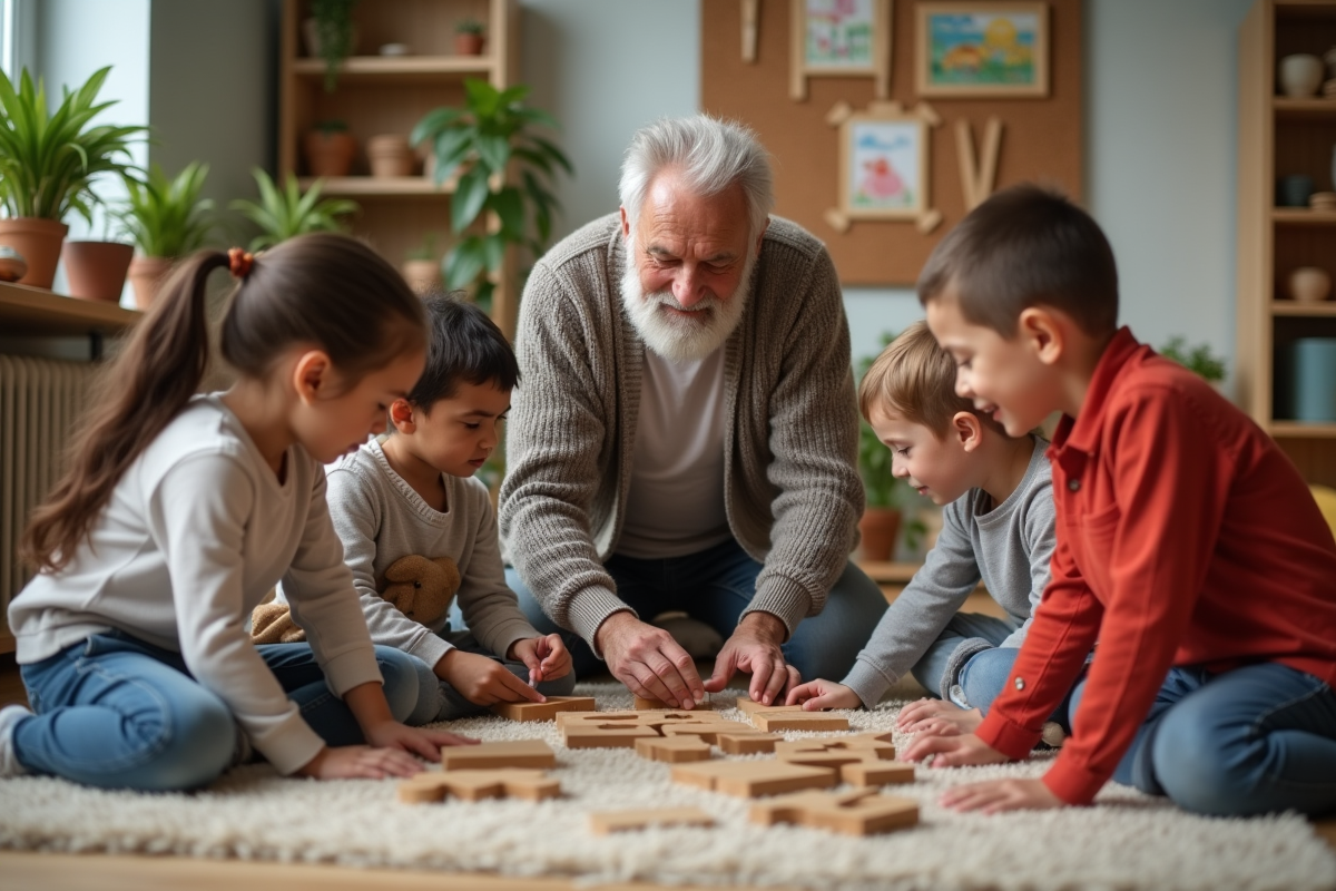 Guide Montessori aidant des enfants à faire un puzzle en classe