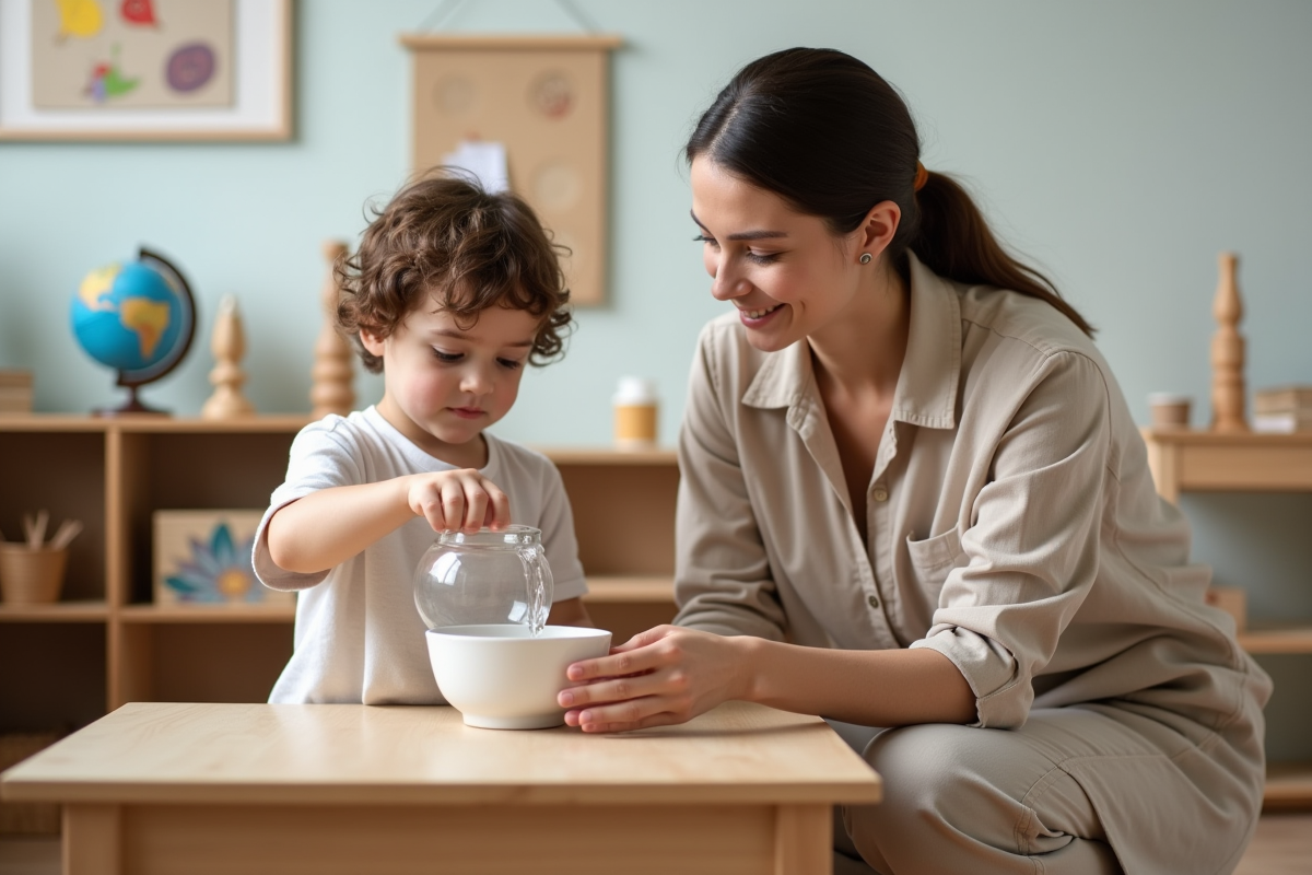Femme guide aidant un enfant à verser de l