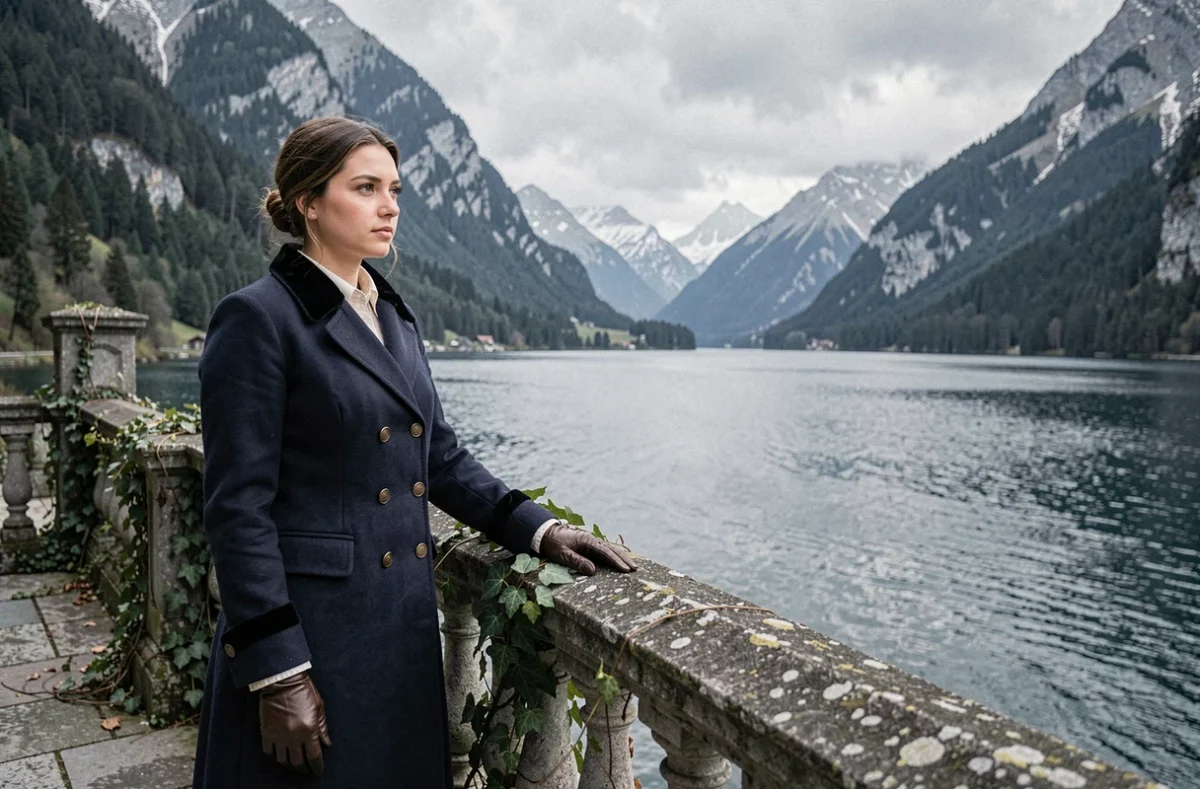 Jeune femme aristocrate du XIXe siècle en manteau de voyage bleu marine sur une terrasse en pierre surplombant un lac bavarois et ses montagnes, évocation d'Hélène en Bavière et de son destin solitaire