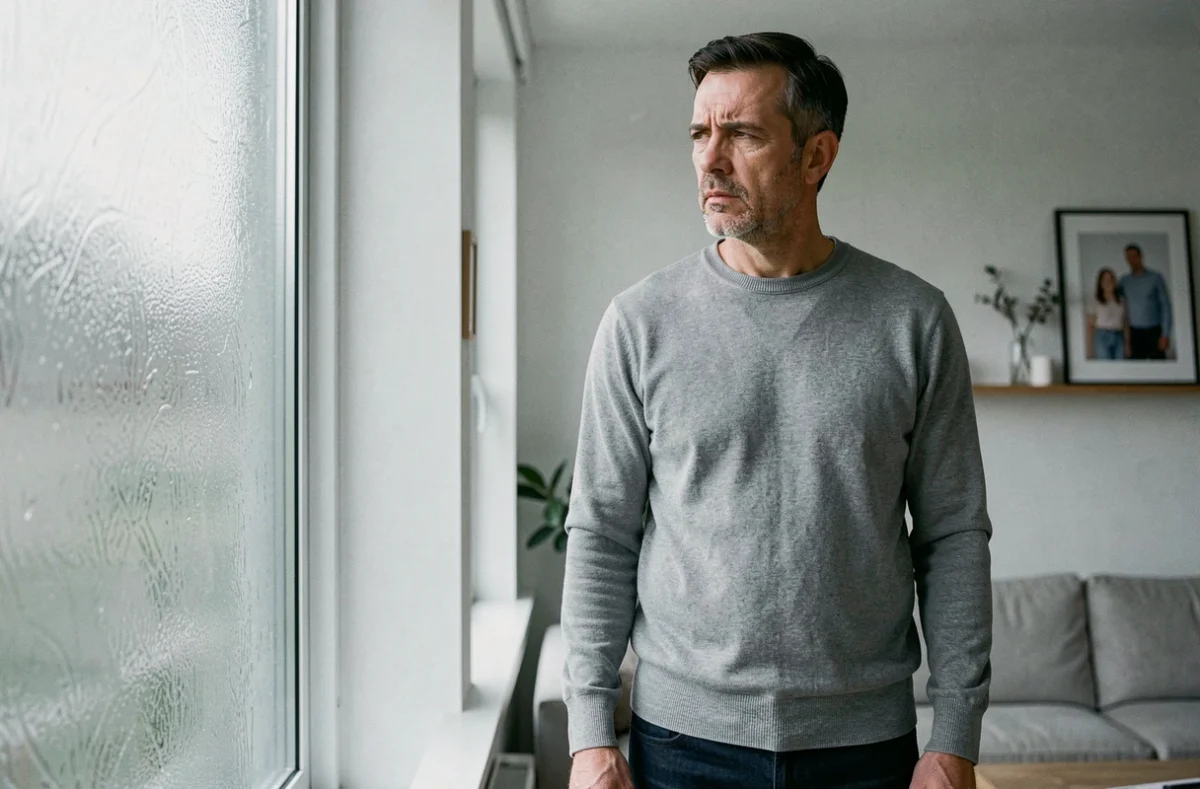 Homme d'âge mûr regardant par une fenêtre givrée dans un appartement minimaliste, évoquant la distance émotionnelle et la rupture avec ses parents