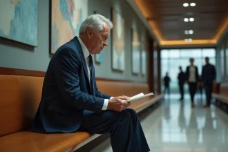 Homme d'affaires anxieux dans un hall de justice moderne