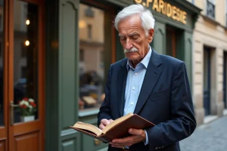 Homme d'affaires français âgé devant une pâtisserie traditionnelle dans une rue pavée du nord de la France